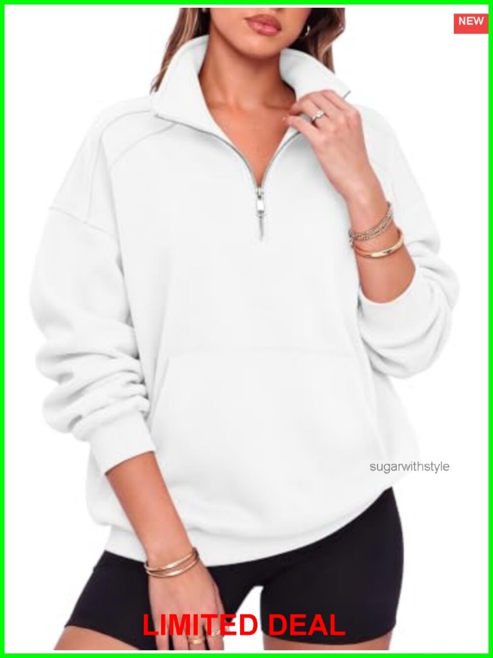 Oversized Half Zip Fleece Sweatshirt Henley Snap Button Women